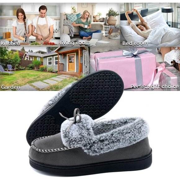 Women's Gray Fuzzy Fluffy Warm Winter Soft Closed Back Fur Lined Slippers Boot - Picture 6 of 6